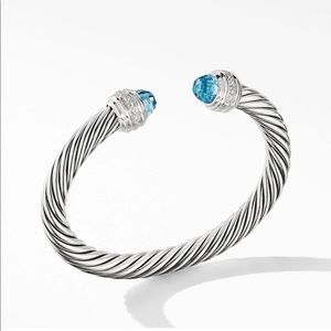 David Yurman Sterling Silver Blue Topaz Diamond 7mm Cable Cuff Bracelet